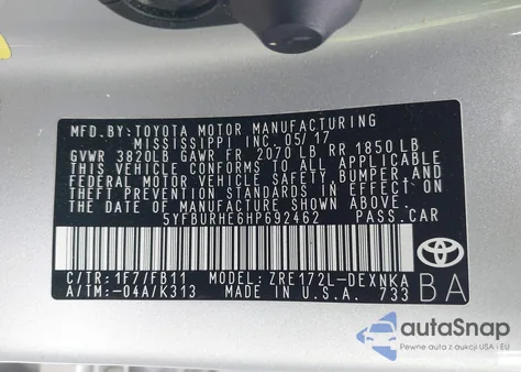 2017 Toyota Corolla Le from USA, damaged, VIN 5YFBURHE6HP692462